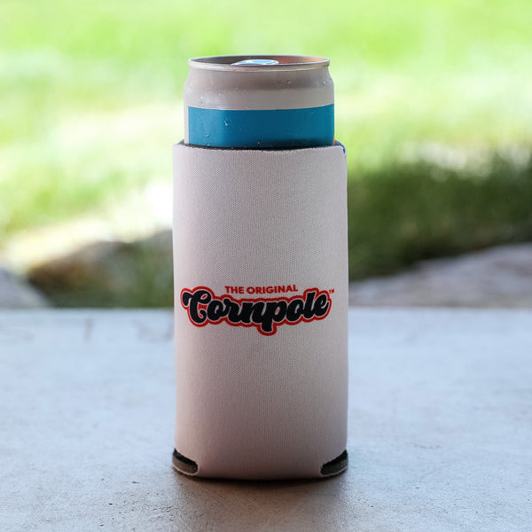 Lifestyle shot of the back of 12oz collapsible slim coolie and can with The Original Cornpole logo.