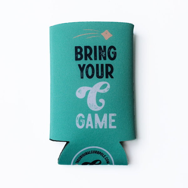 Product shot of the front of 16oz collapsible tall coolie that reads "Bring Your C Game".