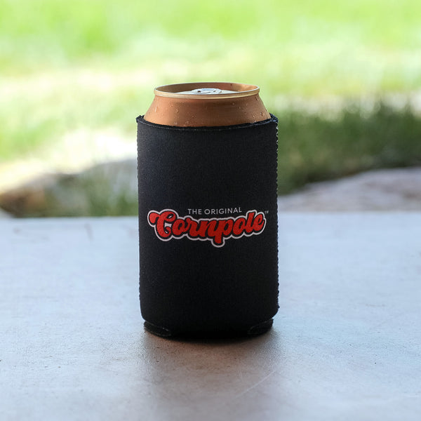 Lifestyle shot of the back of 12oz collapsible neoprene standard coolie and can with The Original Cornpole logo.