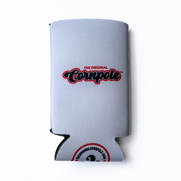 Product shot of the back of 12oz collapsible slim coolie with The Original Cornpole logo.